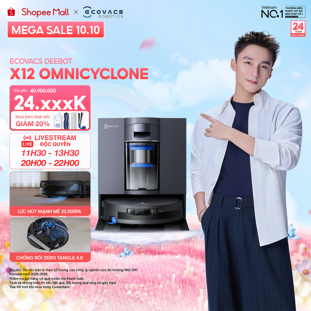 Ecovacs X12 OmniCyclone Robot hút bụi lau nhà | Công nghệ hòa tan vết bẩn | Lực hút 22.000Pa vượt trội | BH 24 tháng