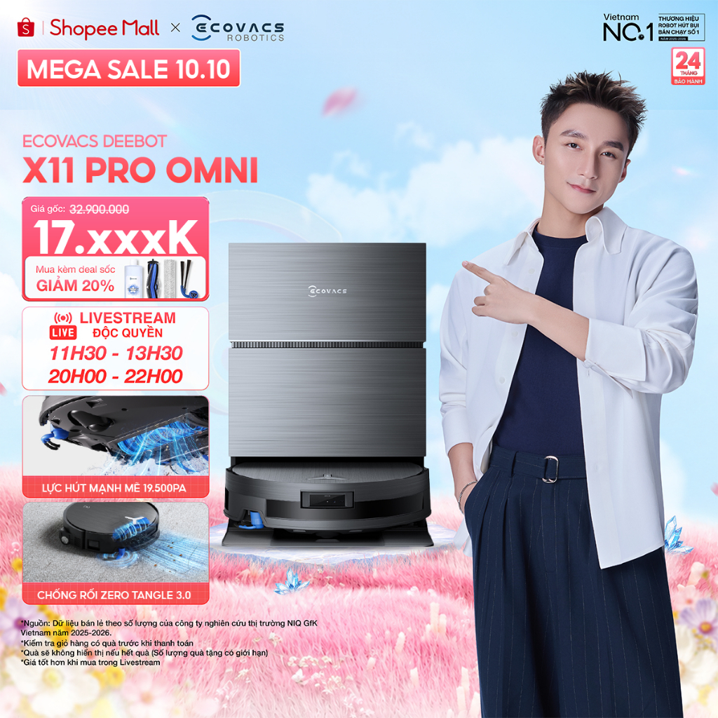 Ecovacs DEEBOT X11 Pro Omni Robot hút bụi lau nhà | Lực hút 19.500Pa | Pin 6400mAh | Thiết kế siêu mỏng 98mm | BH 2 năm
