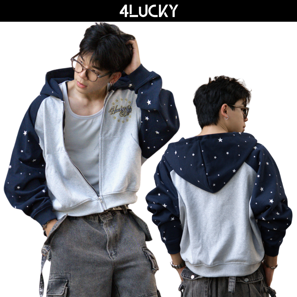 Áo Khoác Hoodie Zip Form Boxy Unisex 4Lucky 6173, Nỉ Chân Cua Tay Áo Raglan Phối Màu In Lụa Ngôi Sao Cá Tính