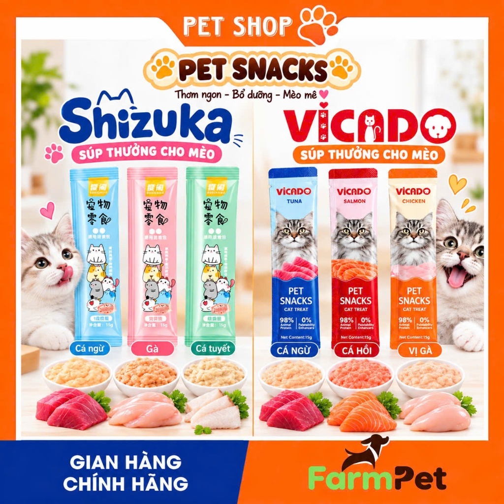 Súp thưởng tươi siêu rẻ cho mèo Vicado, Shizuka thanh 15g | Tpet shop - Farm Pet