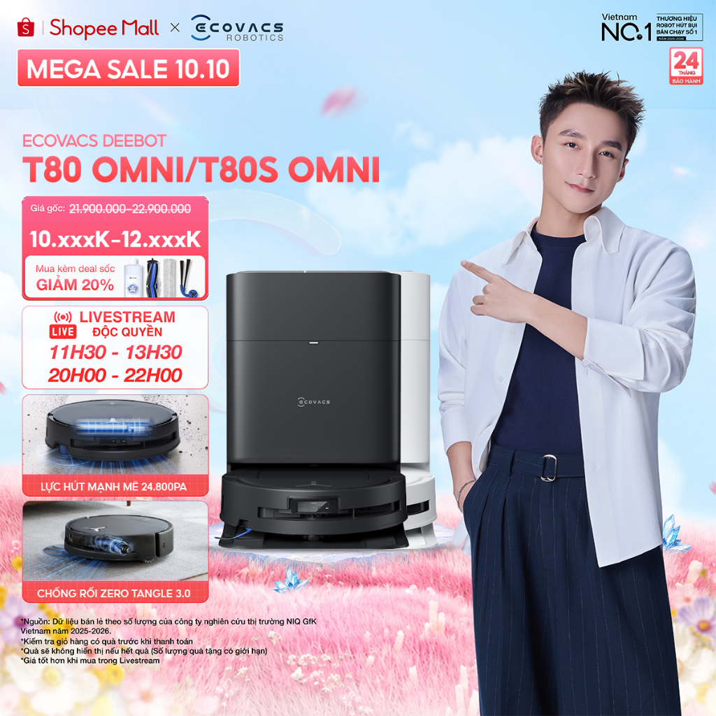 Ecovacs Deebot T80 Omni/ T80S Omni Robot hút bụi lau nhà | Giặt giẻ nước nóng | Sấy khô khí nóng | BH 24 tháng