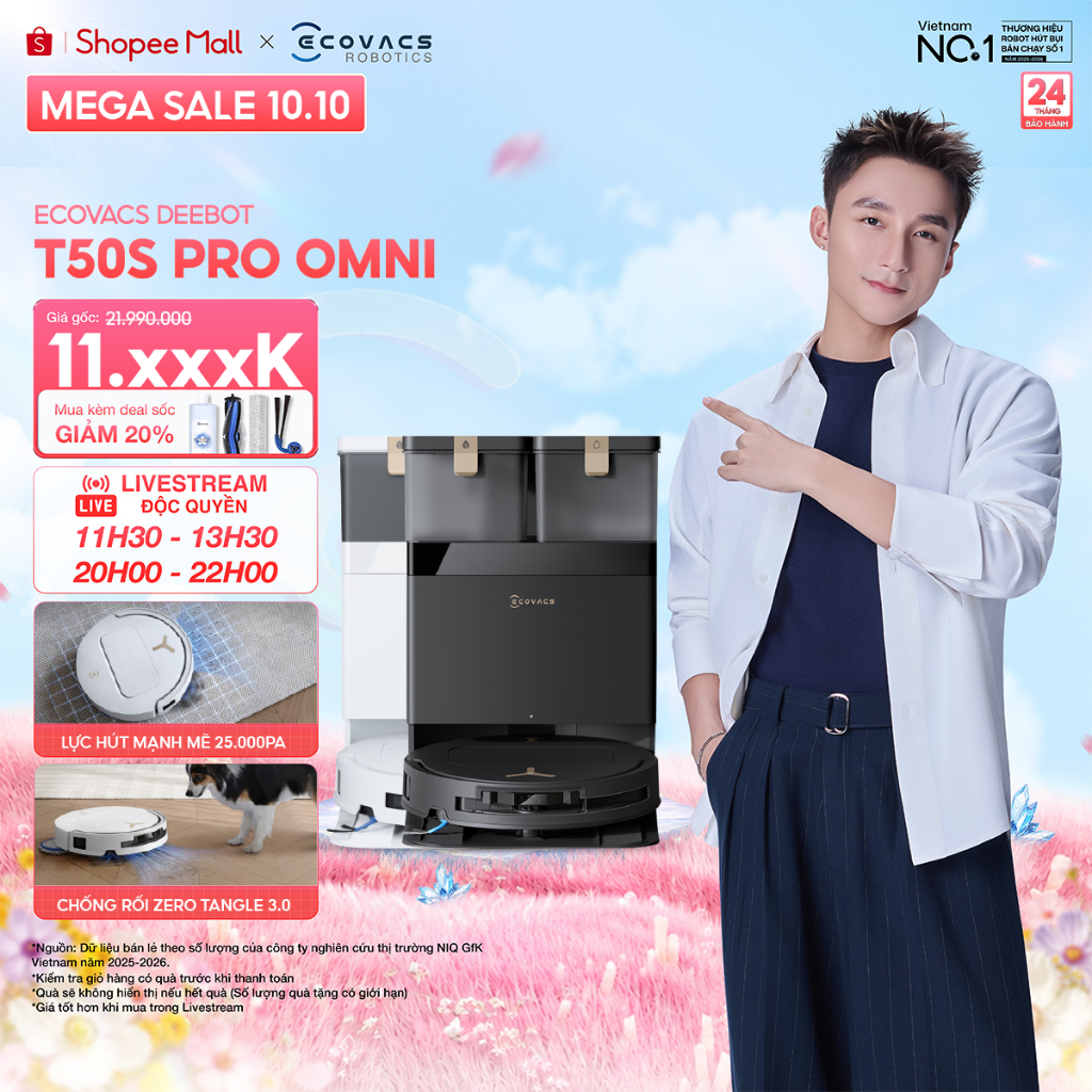 Ecovacs DEEBOT T50S Pro Omni Robot hút bụi lau nhà thông minh | Lực hút tối đa 25.000Pa | Nâng giẻ 9mm | BH 24 tháng