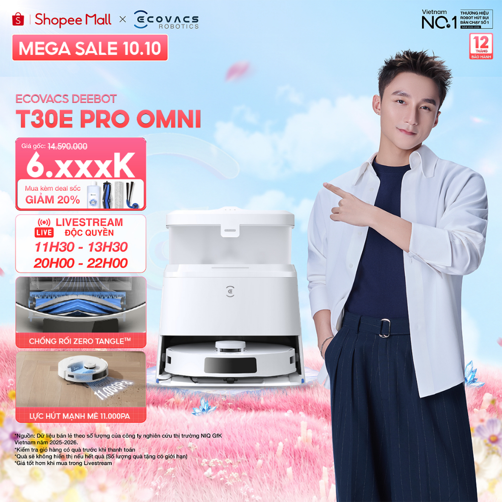 Ecovacs T30e Pro Omni Robot hút bụi thông minh | lực hút 11.000Pa | Tự động giặt giẻ bằng nước nóng 70°C | BH 12 tháng
