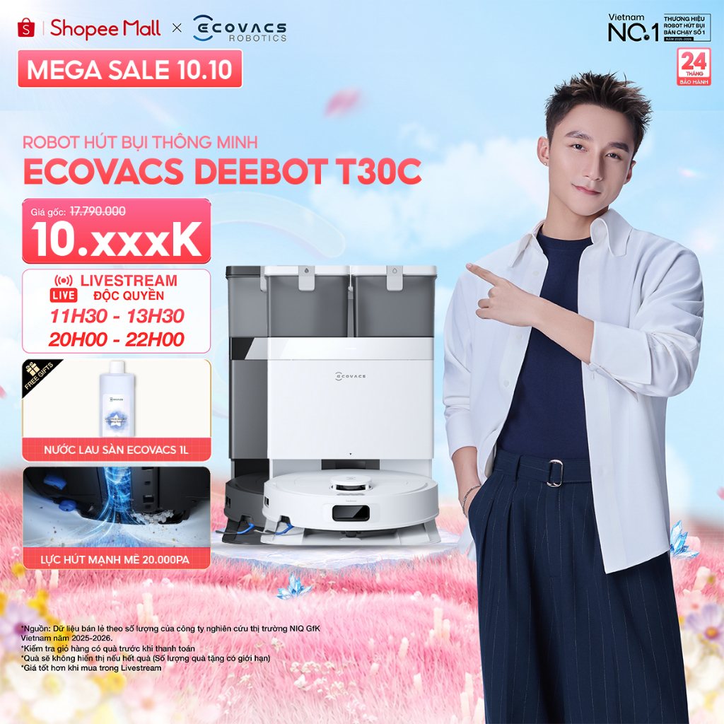Ecovacs Deebot T30C 2026 Robot hút bụi lau nhà thông minh | Lực hút 20000Pa | Giặt giẻ nước nóng 75°C | BH 24 tháng
