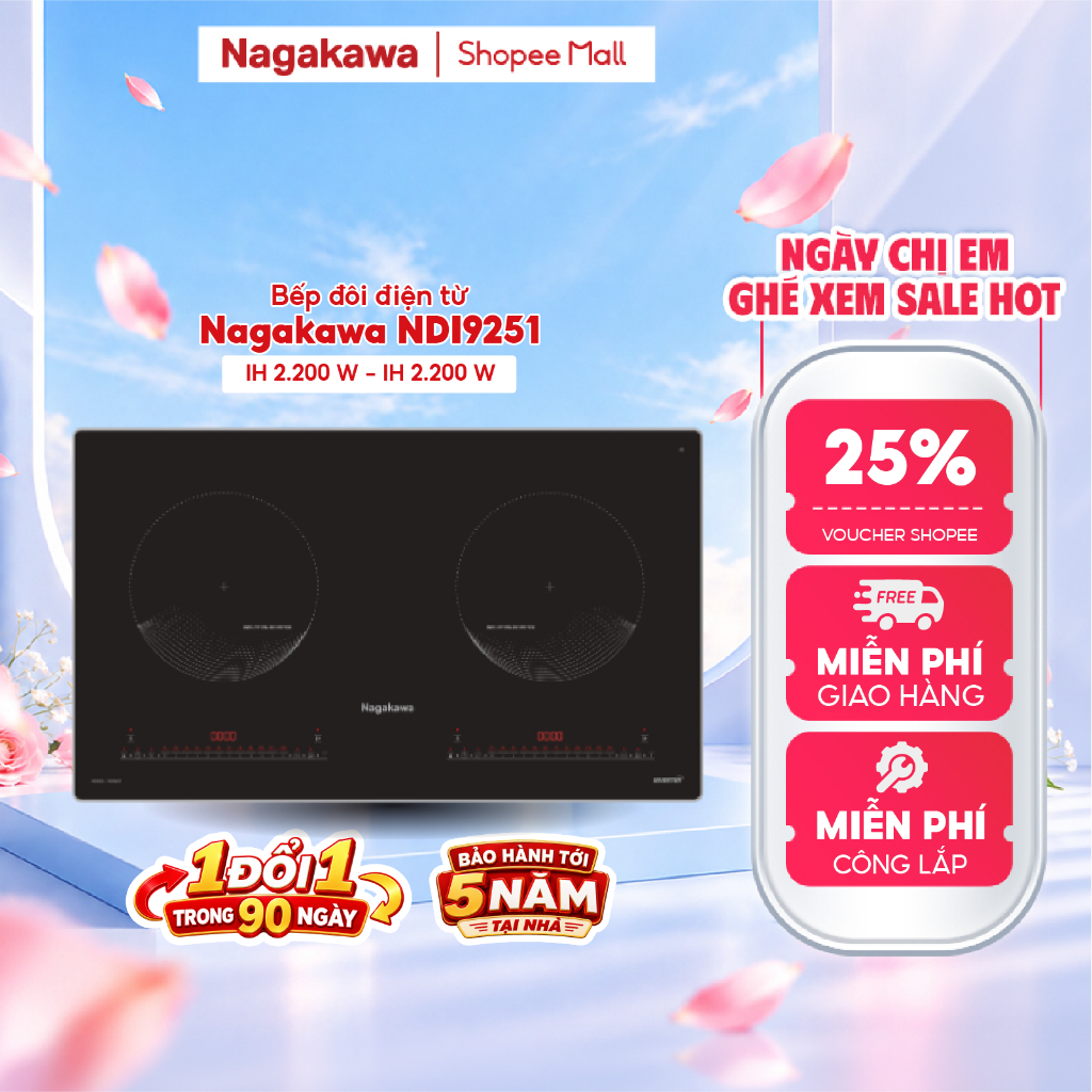 Bếp Từ Đôi Nagakawa NDI9251 4400W Inverter - Booster Nấu Nhanh - Mặt Kính Kanger - 12 Mức Công Suất