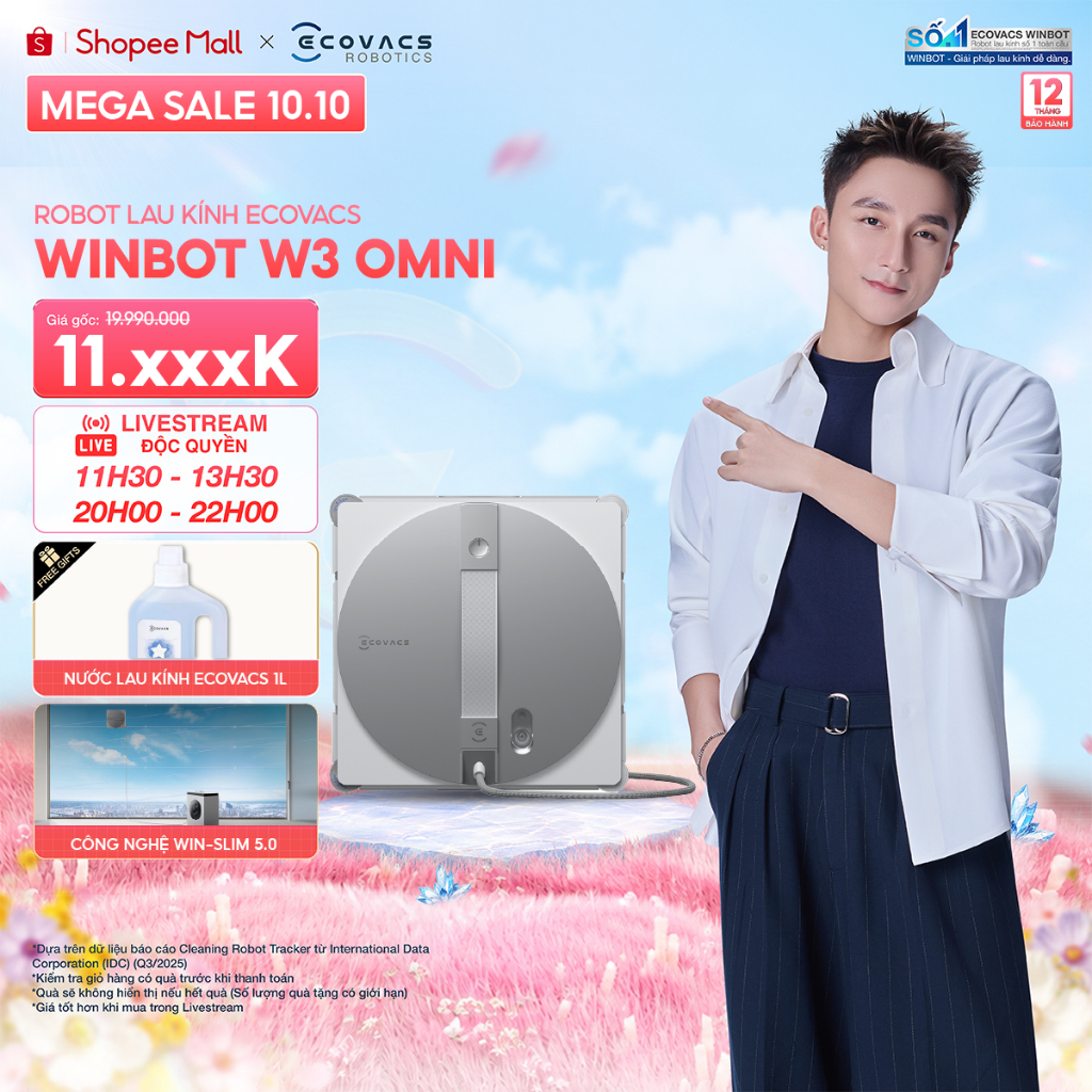 Ecovacs Winbot W3 Omni Robot lau kính thông minh | Lực hút 10.000Pa | Trạm sạc đa năng | Pin Lithium 9000 mAh | BH 1 năm