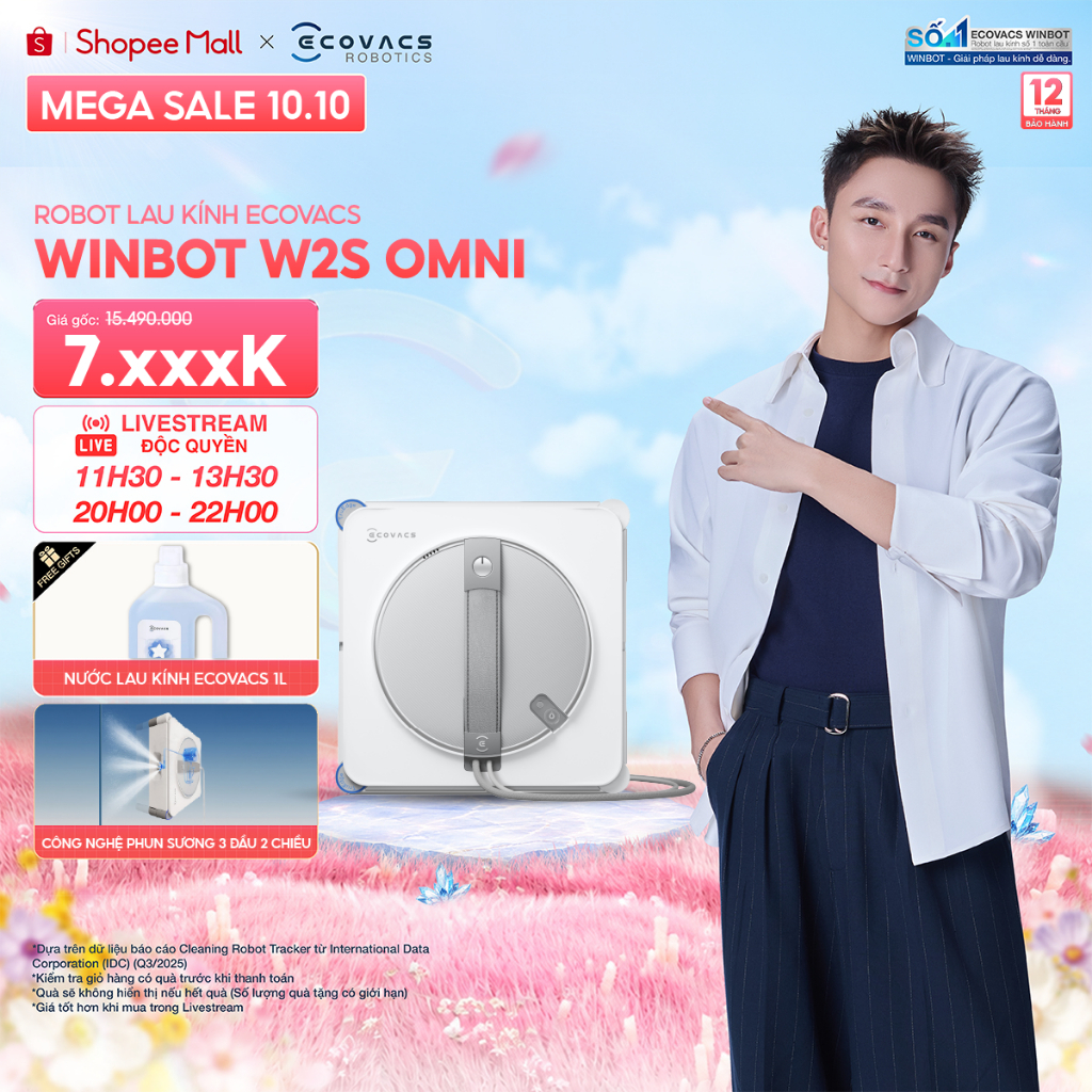 Ecovacs Winbot W2S Omni Robot lau kính thông minh | Trạm sạc đa năng di động | Lực hút tối đa 8.000 PA | BH 12 tháng