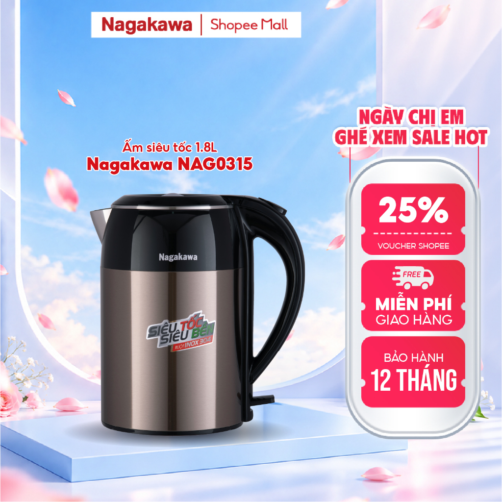 Ấm siêu tốc đun nước 1.8 2 lớp Nagakawa NAG0315, bình đun siêu tốc 1800W, ruột inox 304 chống gỉ, tự ngắt điện an toàn
