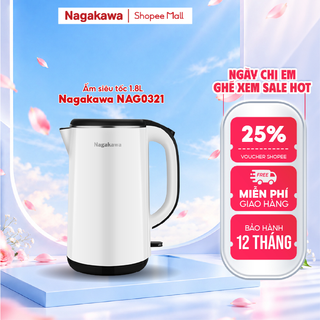Ấm Siêu Tốc Nagakawa NAG0321 1.8L Inox 304 2 Lớp 1800W Sôi nhanh, Tự ngắt an toàn, Bảo hành 12 tháng