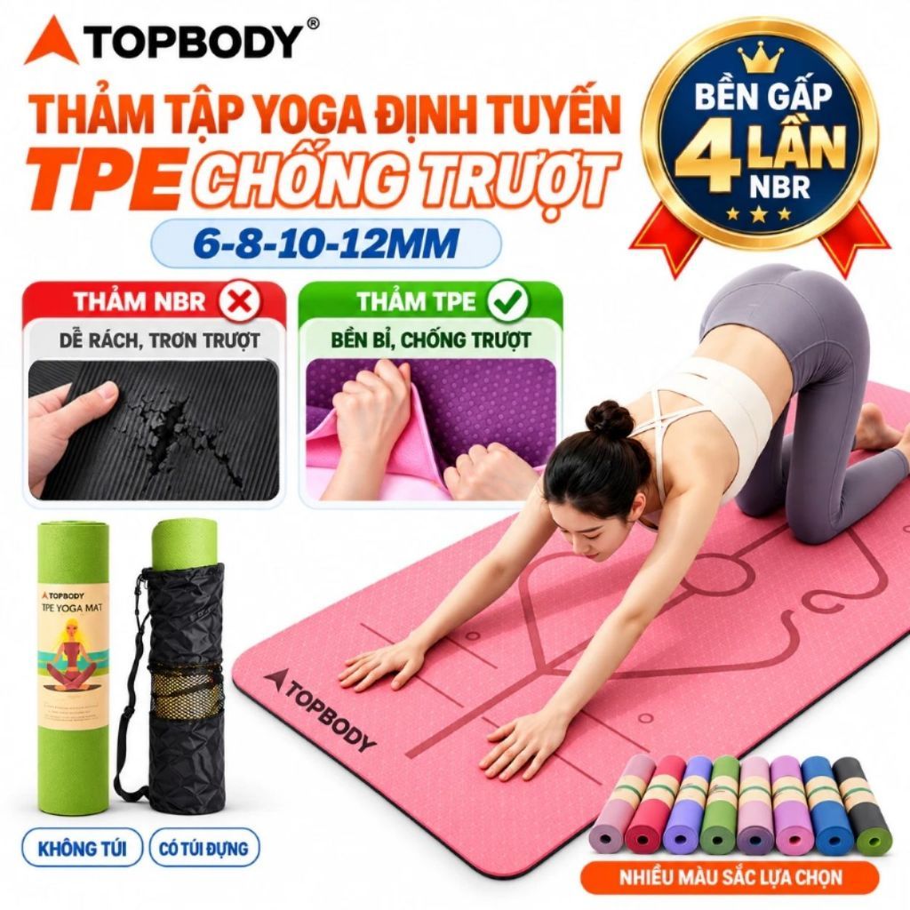 Thảm Yoga Định Tuyến TOPBODY 6/8/10mm Chống Trượt Chất Liệu TPE Cao Cấp Kèm Túi Đựng Đàn Hồi Tốt