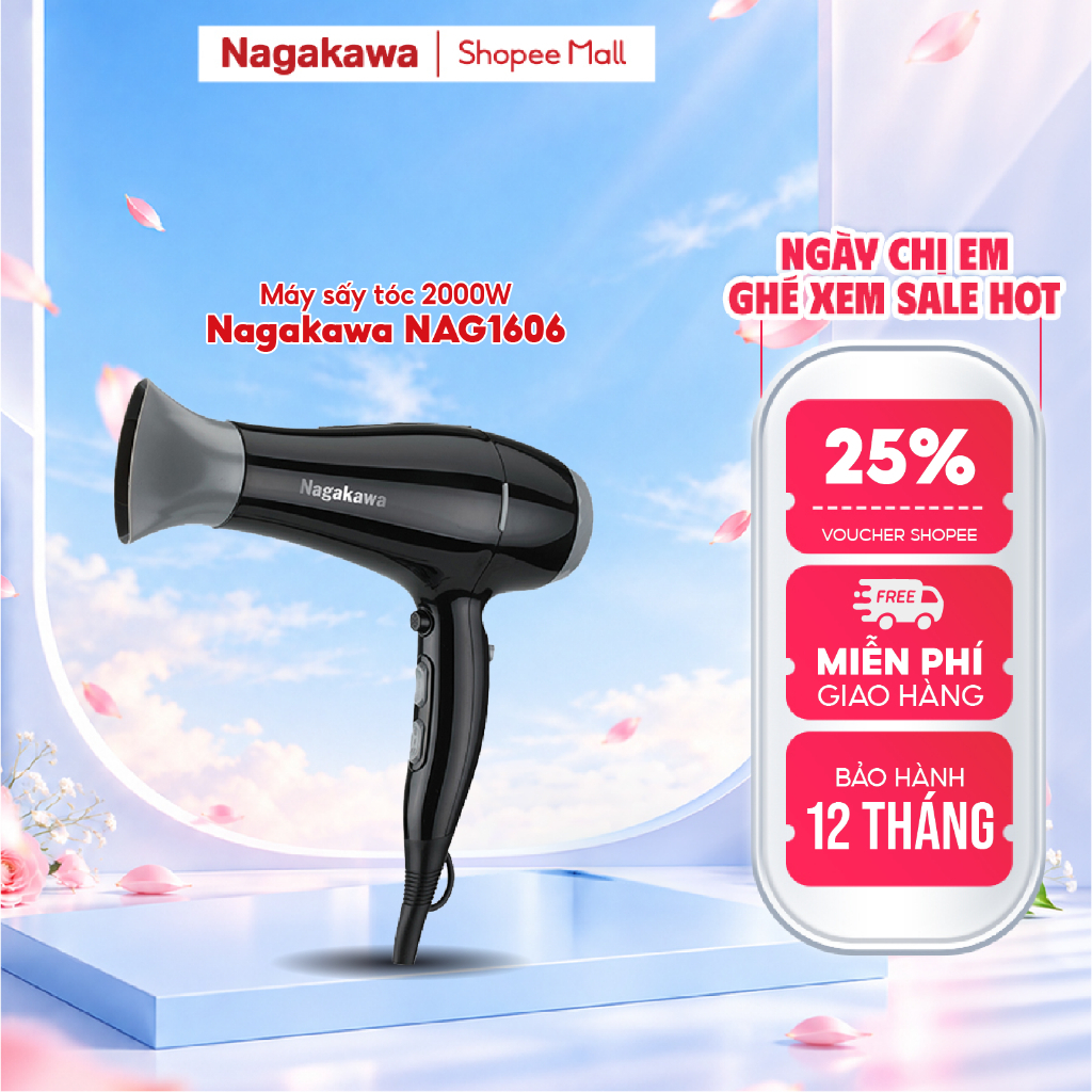 Máy sấy tóc Nagakawa NAG1606 (2000W)/NAG1604 (1600W), hàng chính hãng, bảo hành 12 tháng