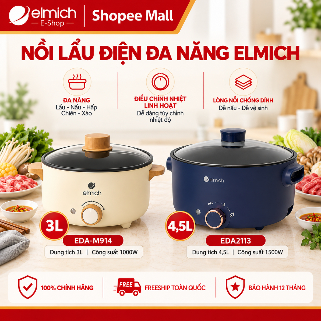 Nồi Lẩu Điện Đa Năng Elmich | Lòng nồi Chống Dính 1 Nấu Lẩu Chiên Xào, Tiện Dụng Gia Đình