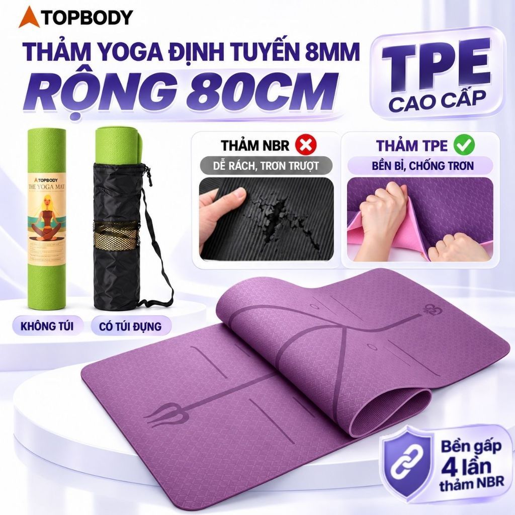 Thảm Tập Thể Dục Rộng 80cm TOPBODY TPE 2 Lớp Chống Trượt Dùng Tập Yoga Gym Tại Nhà Dày 6/8mm