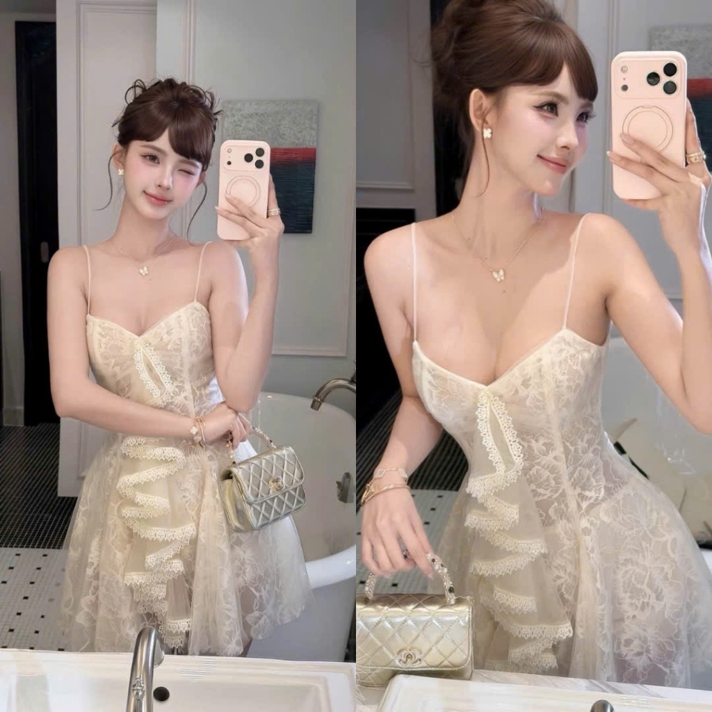 Đầm Ren Hai Dây Phối Voan Ôm Body Quyến Rũ Dự Tiệc
