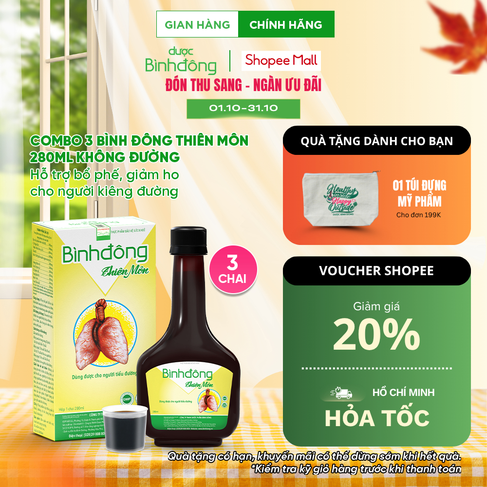 Combo 3 chai Bình Đông Thiên Môn Không Đường Dược Bình Đông - Hỗ trợ bổ phế, giảm ho, giảm đau họng chai 280ml