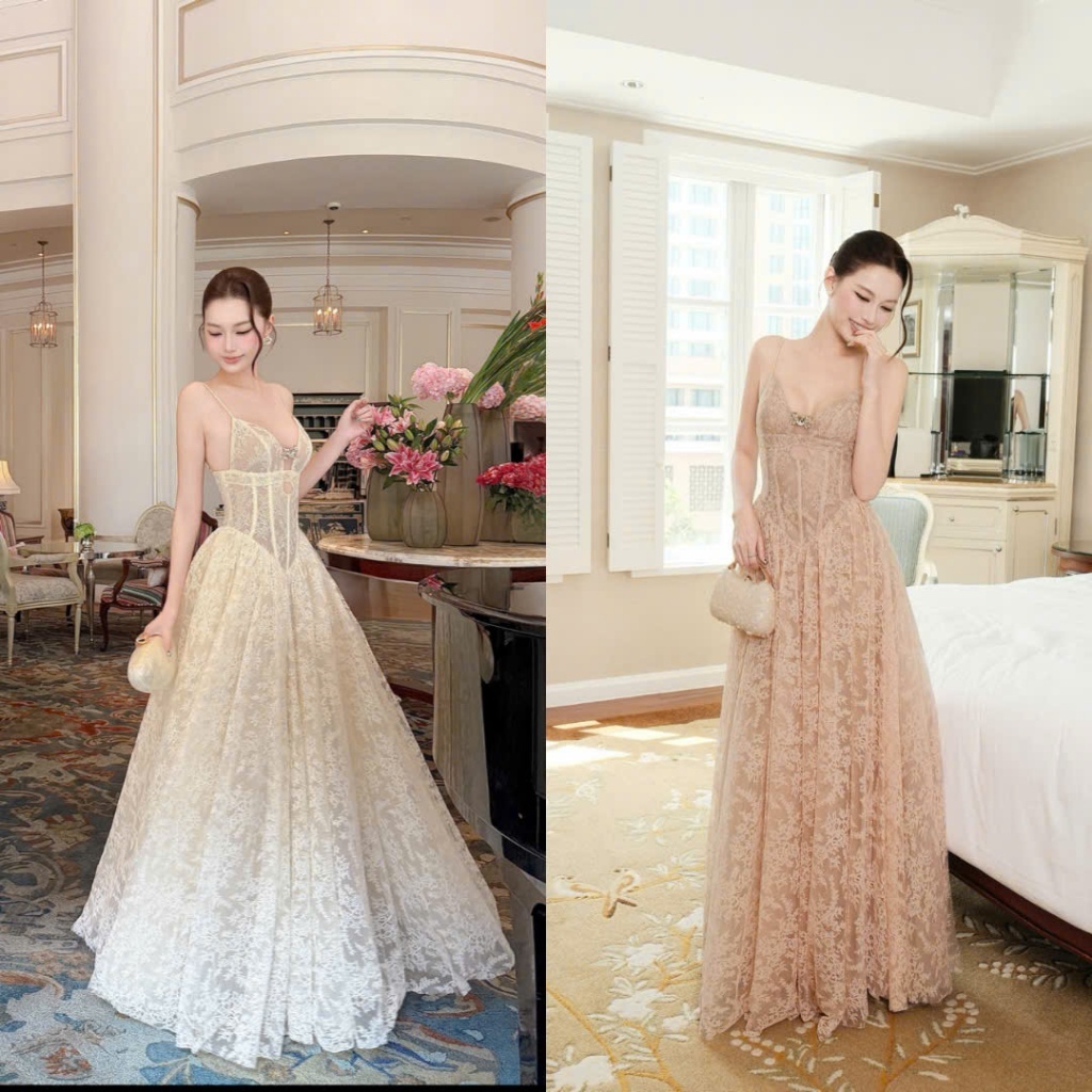 Đầm Dự Tiệc Ren 2 Dây Đính Charm Ngực Nổi Bật Xòe Bồng Sang Chảnh