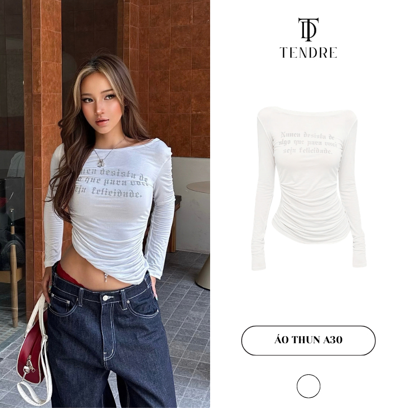 TENDRE - Áo Thun Nữ Dài Tay Nhún Eo In Chữ Cổ Thuyền Tôn Dáng, Áo Thun Ôm Body Co Giãn 4 chiều Style Hàn Quốc A30