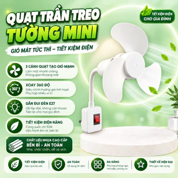 Quạt Trần Mini Gắn Đui Đèn E27 Kèm Phích Cắm – Quạt Trần Mini 3 Cánh Làm Mát, Quạt Mini Tiết Kiệm Diện Tích Phòng Trọ