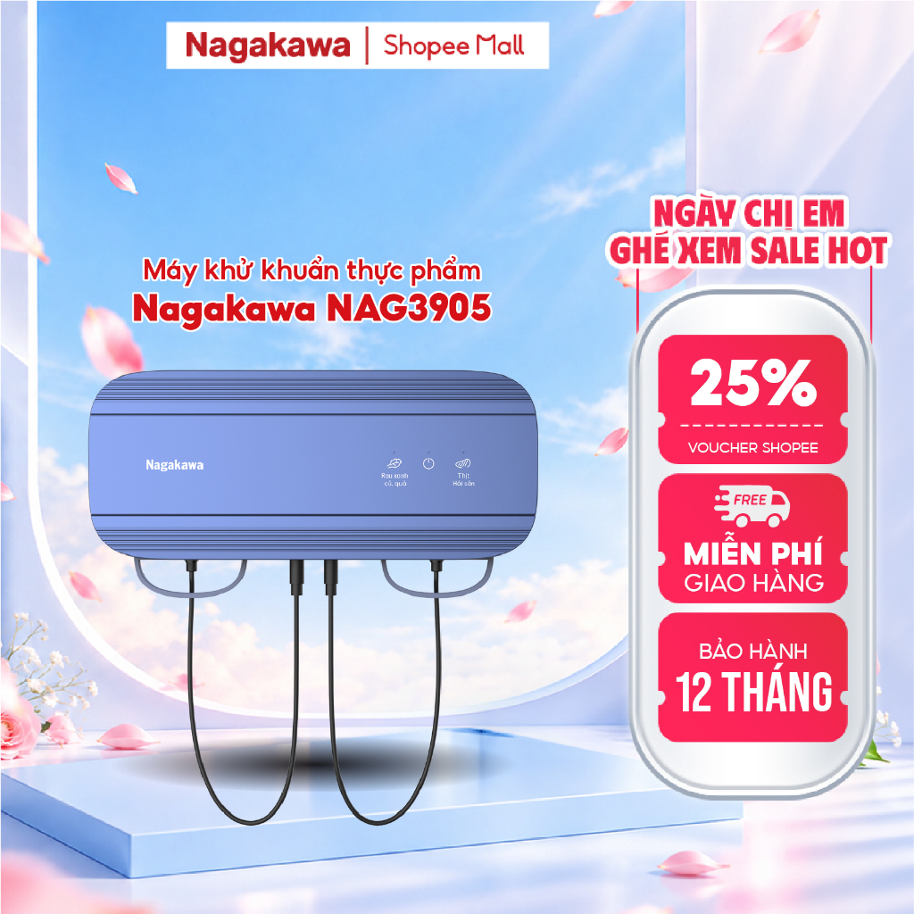 Máy khử khuẩn thực phẩm Nagakawa treo tường NAG3905, tích hợp 2 chế độ cài đặt sẵn, điện phân Hydroxyl, bảo hành 1 năm