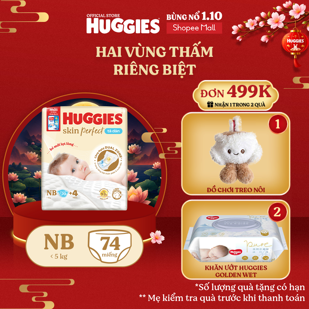 Tã/bỉm dán sơ sinh Huggies Skin Perfect NB70+miếng ngẫu nhiên với 2 vùng thấm giảm kích ứng da