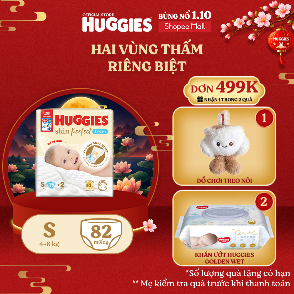 Tã/bỉm dán sơ sinh Huggies Skin Perfect S 80+2 miếng với 2 vùng thấm giảm kích ứng da
