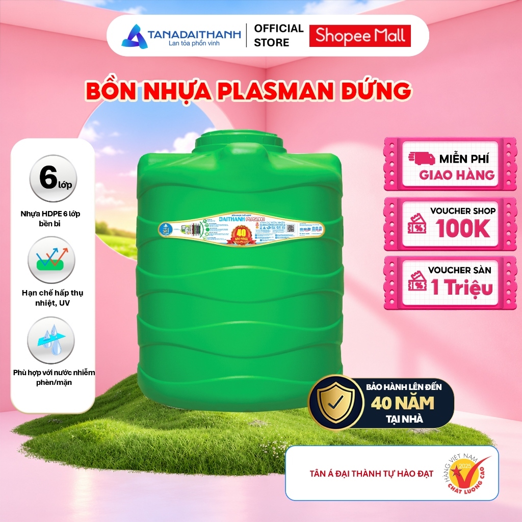 [GIAO TOÀN QUỐC] Bồn Nước Nhựa Đứng Plasman 500/1000/1500/2000 Lít -Bền Bỉ, Bảo Hành Lên Đến 40 Năm
