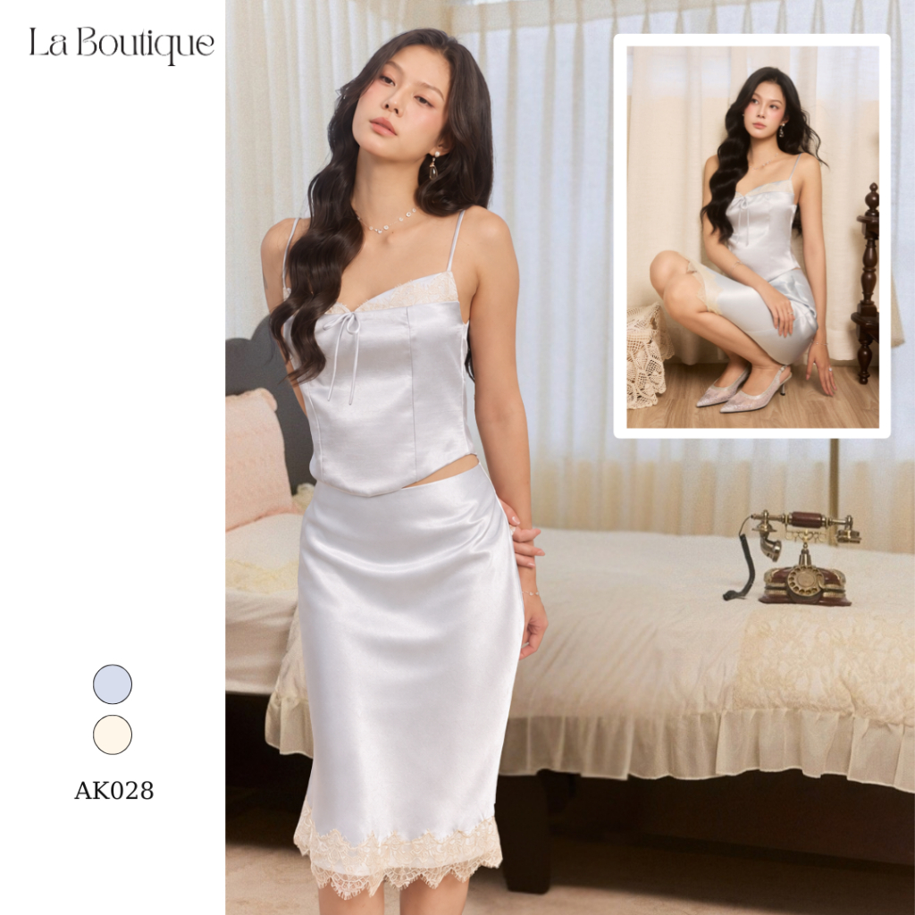 [MUA 2 GIẢM 20%] LA BOUTIQUE Áo lụa 2 dây cúp ngực phối ren đính nơ ngực, áo kiểu nữ AK028-2608LAT