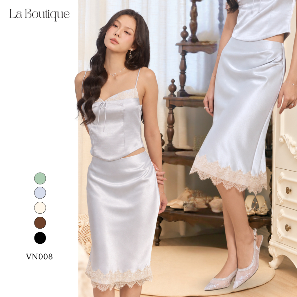 [MUA 2 GIẢM 20%] LA BOUTIQUE Chân váy lụa dáng lửng, chân váy midi nhún eo phối ren lai váy VN008