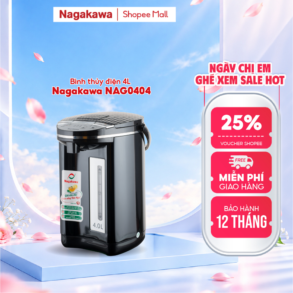 Bình thủy điện Nagakawa 4L 750W đun sôi nước và giữ nhiệt NAG0404, bảo hành 12 tháng