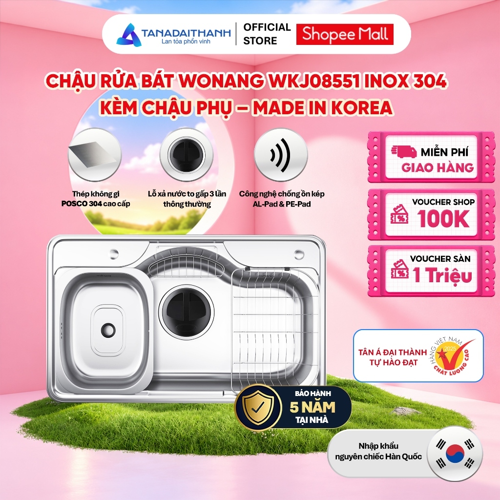 Chậu Rửa Bát Wonang WKJ08551 Inox 304 Nhập Khẩu Hàn Quốc Chính Hãng Bảo Hành 5 Năm