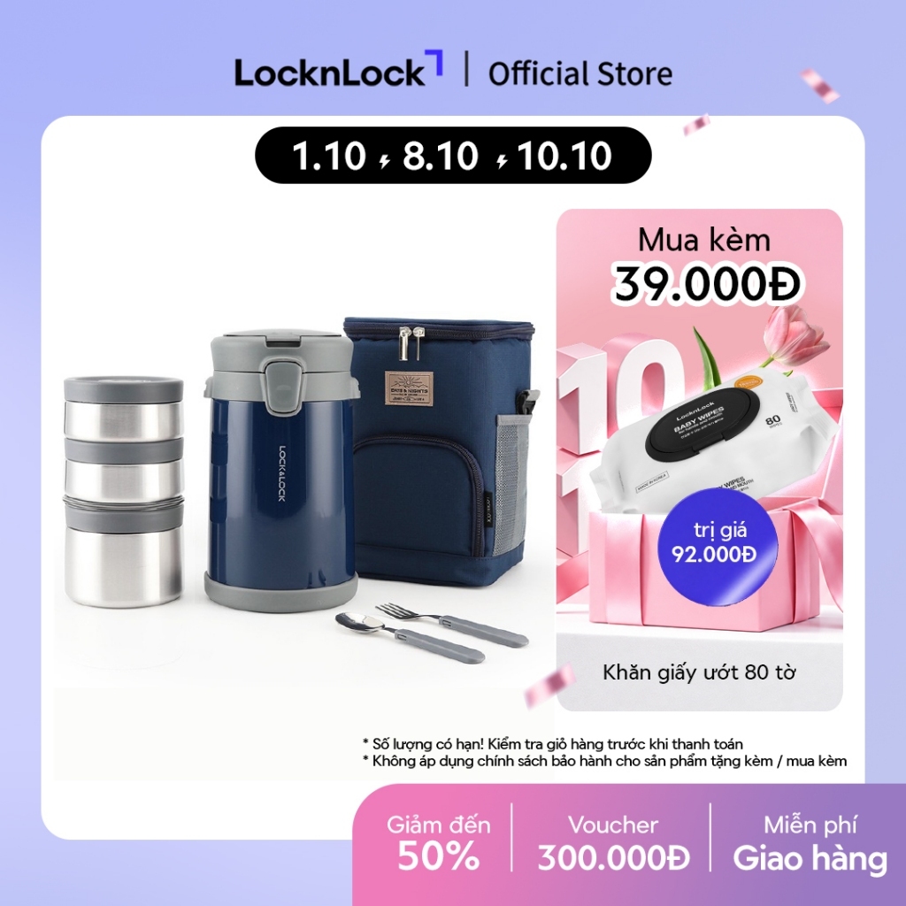 Bộ hộp cơm giữ nhiệt kèm muỗng nĩa Lock&Lock Easy Carry 2.0L LHC8039