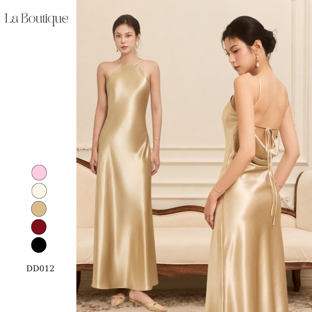 LA BOUTIQUE Đầm lụa dáng dài cổ yếm khoét lưng sâu, đầm đi tiệc DD012-2610LAT