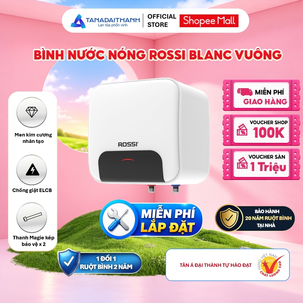 [GIAO LẮP TOÀN QUỐC] Bình Nóng Lạnh Gián Tiếp Rossi Blanc Vuông 15/20/30 Lít - Tiết Kiệm Điện, An Toàn Vượt Trội