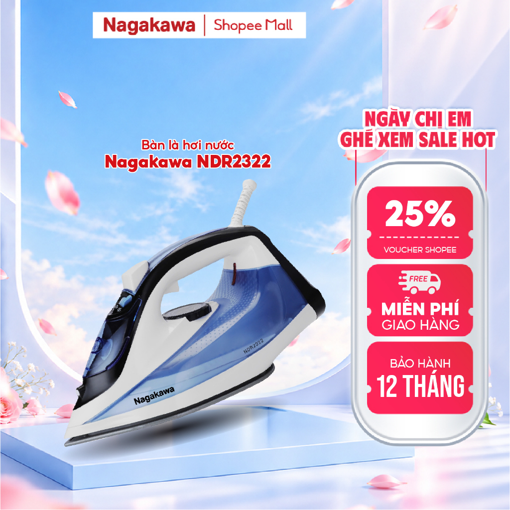 Bàn Là Hơi Nước Nagakawa NAG1505 / NDR2322 1200W Chống Dính Teflon Phun Hơi Mạnh Tự Ngắt An Toàn Bảo Hành 12 Tháng
