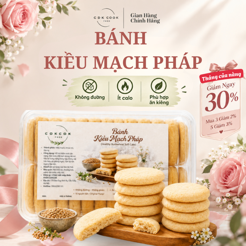 Bánh Kiều Mạch Pháp Mềm Xốp Cokcok Food - Không Đường, Ít Calo, Tốt Cho Sức Khỏe, Bánh Ăn Kiêng Healthy Tiện Lợi
