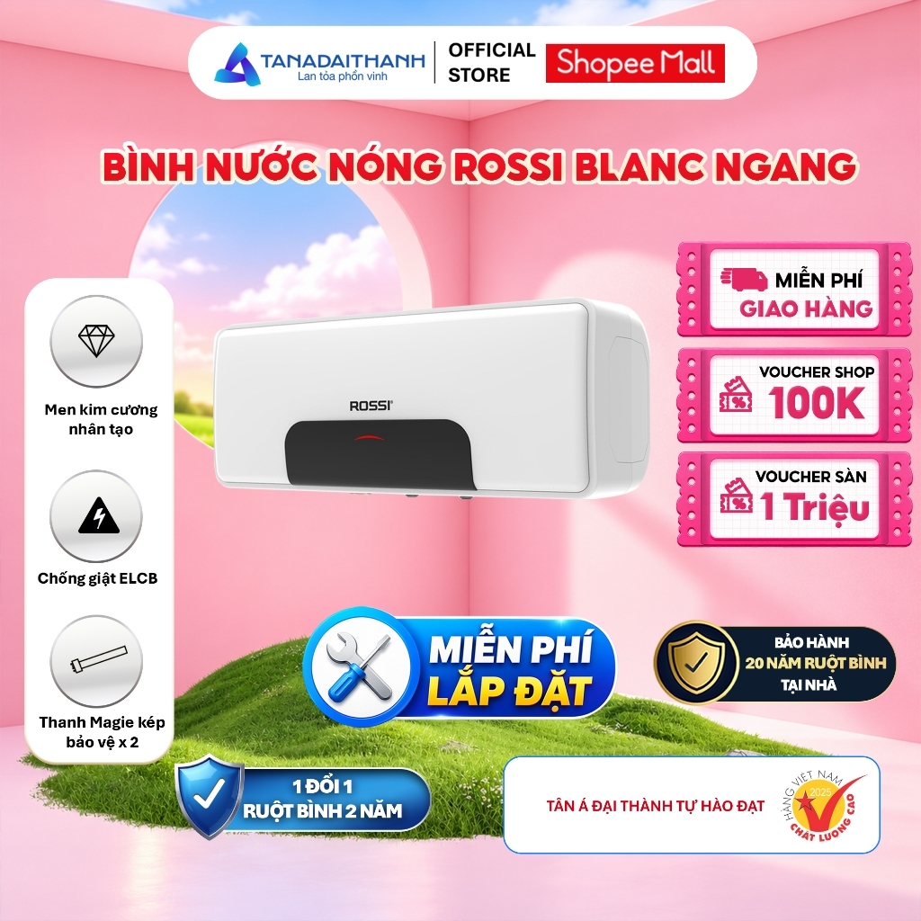 [GIAO LẮP TQ] Bình nóng lạnh gián tiếp Rossi Blanc Ngang (15/20/30 Lít) - Chính hãng, Bảo hành ruột 20 năm