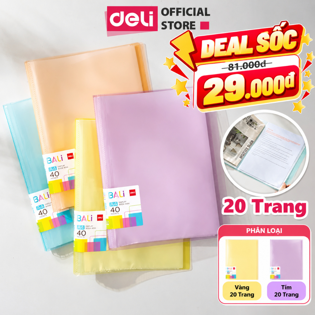 🔥GIÁ CHỈ 29K🔥File Tài Liệu File Lá Học Sinh Deli A4 Bìa Kẹp Lá Tệp Đựng Tài Liệu Đựng File Siêu Âm 20 30 40 Lá Màu Paste