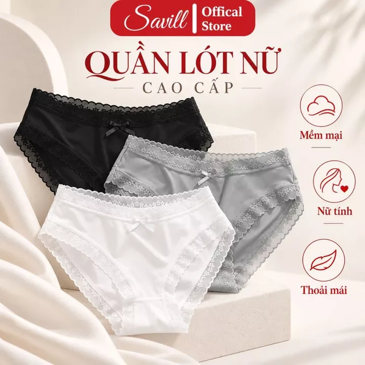 Combo 3 Quần lót nữ su viền ren mỏng nhẹ cạp vừa, Quần lót su ren co dãn không cộm không lộ viền SAVILL L519