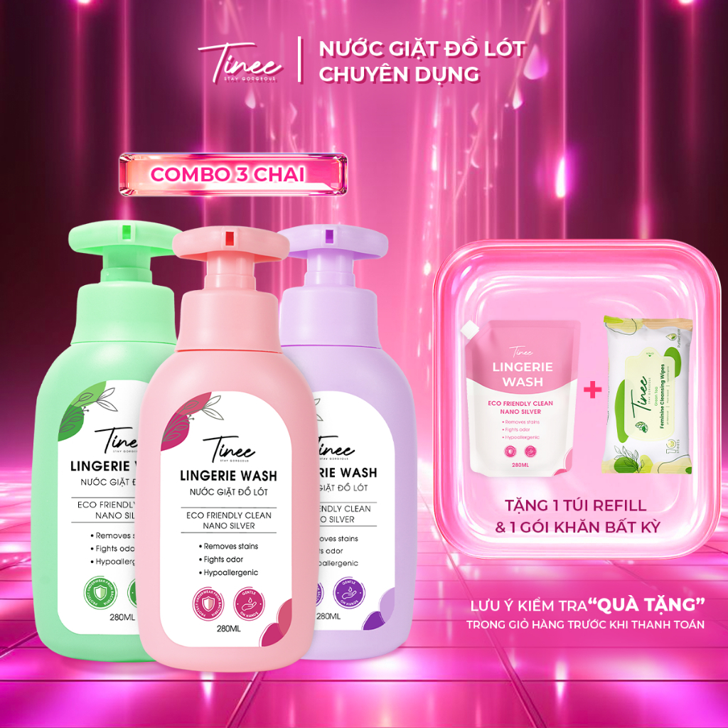 Combo 3 Nước Giặt Đồ Lót Chuyên Dụng Tinee - Nano Bạc Hạn Chế Nấm Khuẩn (280ml/Chai)