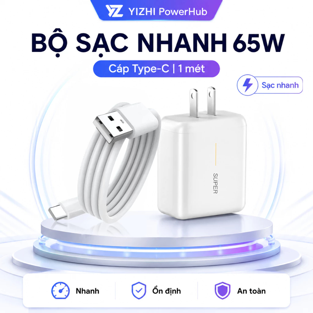 Bộ Sạc Nhanh 65W Kèm Cáp Type-C 1M, Củ Sạc USB-A Fast Charge Cho Điện Thoại Android OPPO Realme Xiaomi Samsung