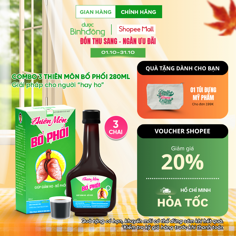 Combo 3 chai Thiên Môn Bổ Phổi Dược Bình Đông - Bổ phổi, hỗ trợ giảm ho từ thảo dược chai 280ml
