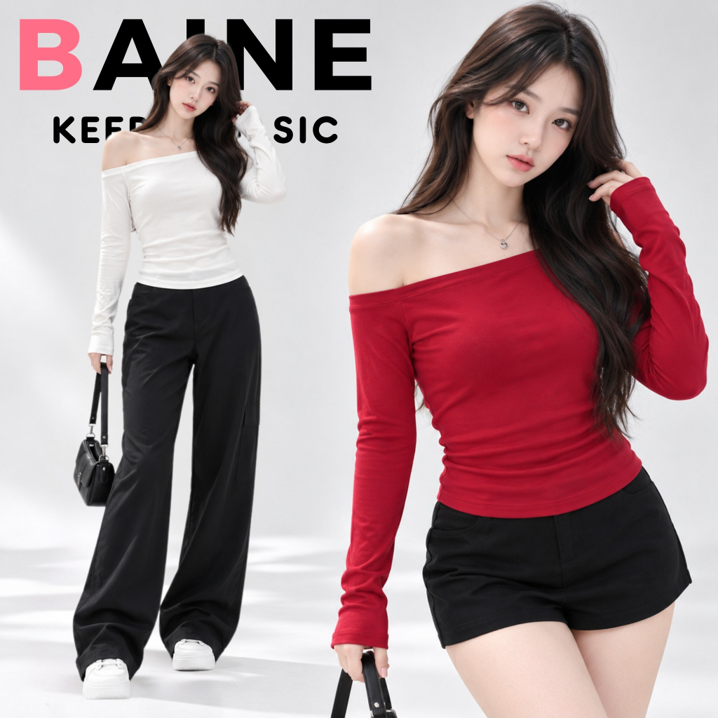 Áo Thun Nữ Ôm Body TAY DÀI TRỄ VAI BORIP LỤA Dáng Dài DD157, Áo Bẹt Vai Gợi Cảm Kiểu Trơn BAINE | BigBuy360 - bigbuy360.vn