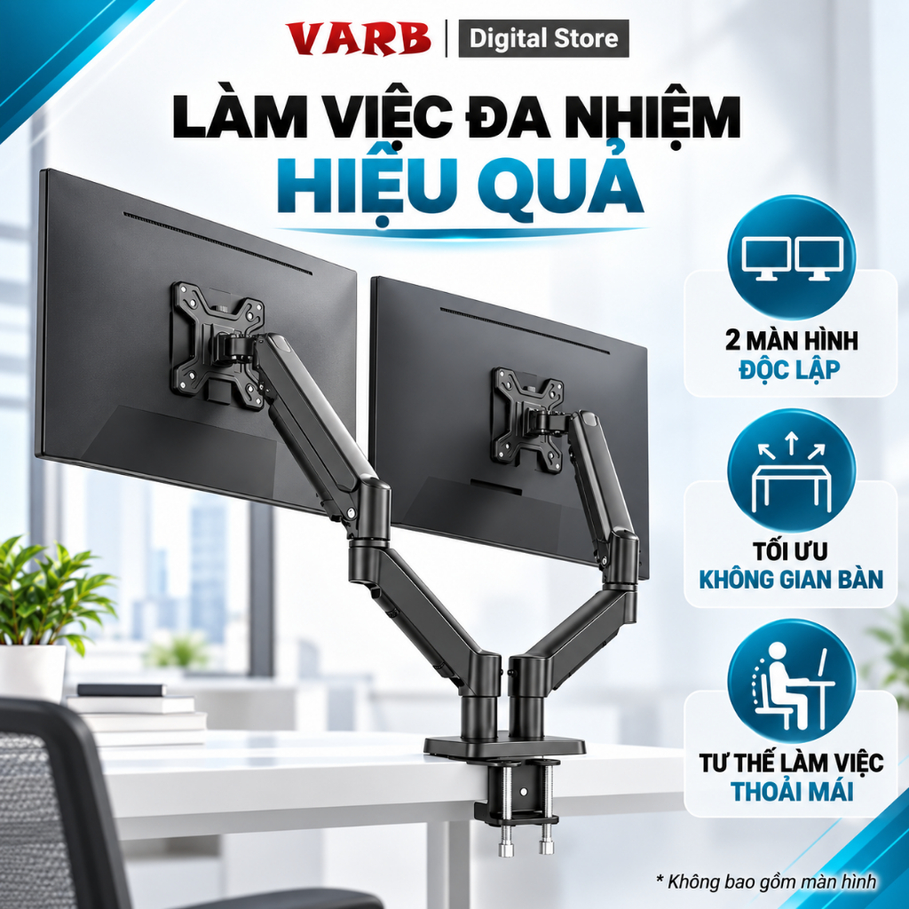 VARBGiá treo 2 màn hình 17–34 inch, tay đỡ piston khí 2–10kg, xoay 360°, kẹp bàn VESA 75/100mm cho bàn làm việc | BigBuy360 - bigbuy360.vn