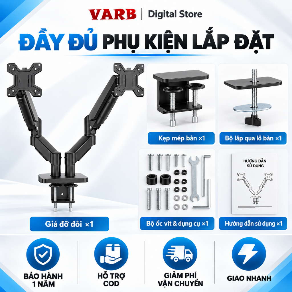 VARBGiá treo 2 màn hình 17–34 inch, tay đỡ piston khí 2–10kg, xoay 360°, kẹp bàn VESA 75/100mm cho bàn làm việc | BigBuy360 - bigbuy360.vn