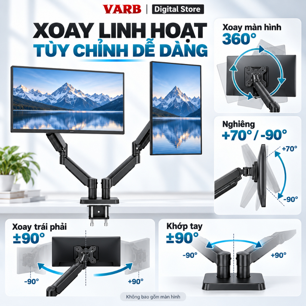 VARBGiá treo 2 màn hình 17–34 inch, tay đỡ piston khí 2–10kg, xoay 360°, kẹp bàn VESA 75/100mm cho bàn làm việc | BigBuy360 - bigbuy360.vn
