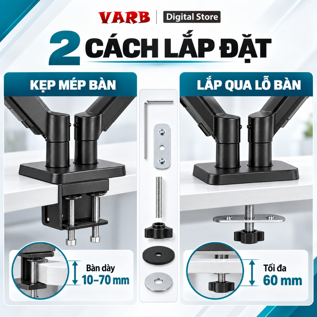 VARBGiá treo 2 màn hình 17–34 inch, tay đỡ piston khí 2–10kg, xoay 360°, kẹp bàn VESA 75/100mm cho bàn làm việc | BigBuy360 - bigbuy360.vn