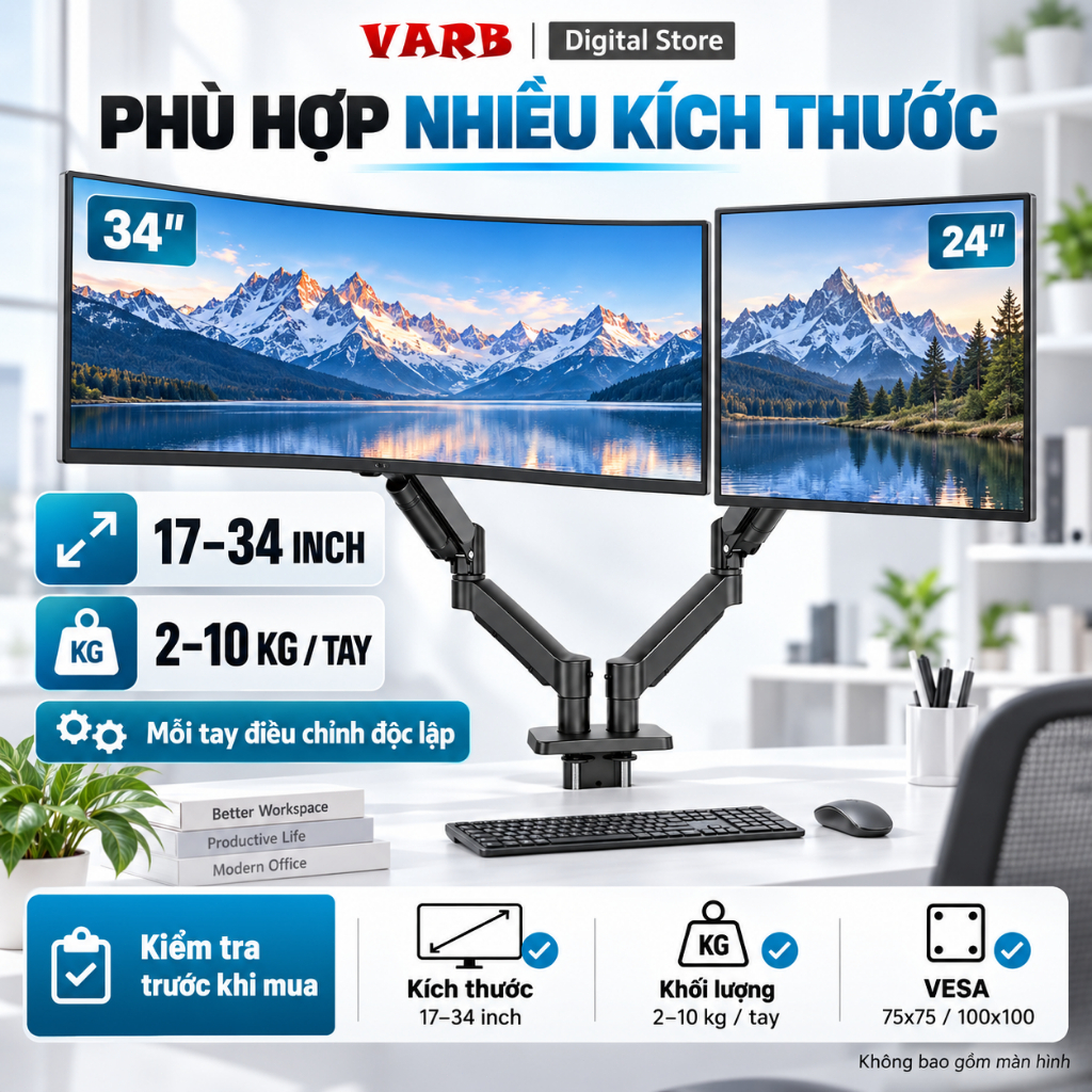VARBGiá treo 2 màn hình 17–34 inch, tay đỡ piston khí 2–10kg, xoay 360°, kẹp bàn VESA 75/100mm cho bàn làm việc | BigBuy360 - bigbuy360.vn