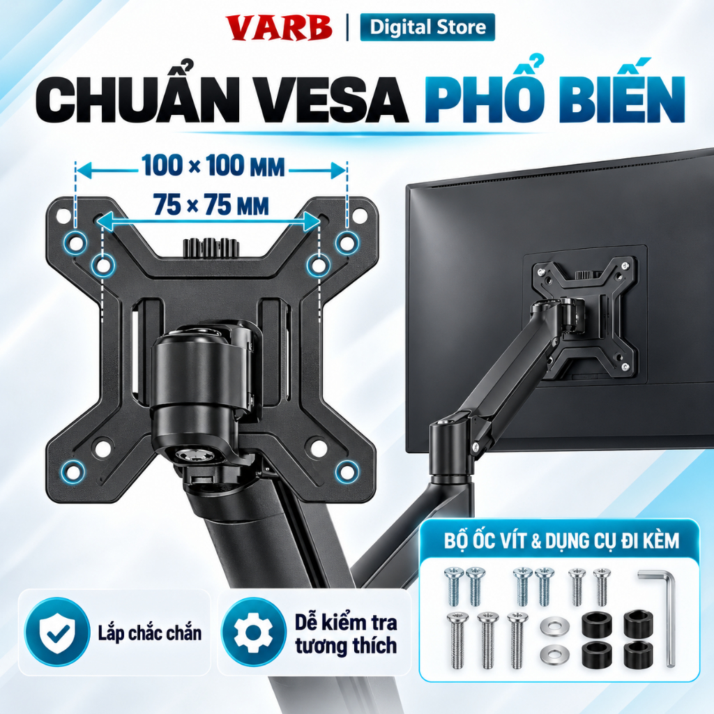 VARBGiá treo 2 màn hình 17–34 inch, tay đỡ piston khí 2–10kg, xoay 360°, kẹp bàn VESA 75/100mm cho bàn làm việc | BigBuy360 - bigbuy360.vn