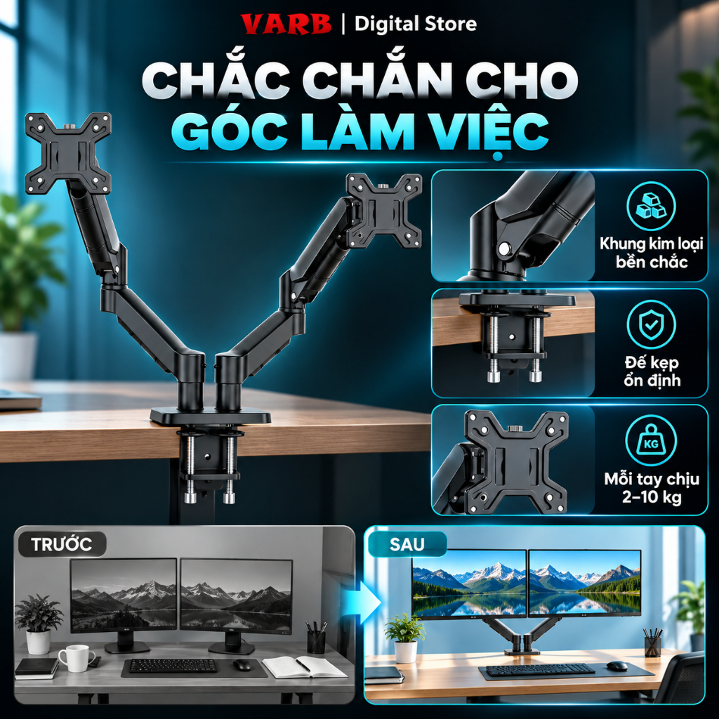 VARBGiá treo 2 màn hình 17–34 inch, tay đỡ piston khí 2–10kg, xoay 360°, kẹp bàn VESA 75/100mm cho bàn làm việc | BigBuy360 - bigbuy360.vn