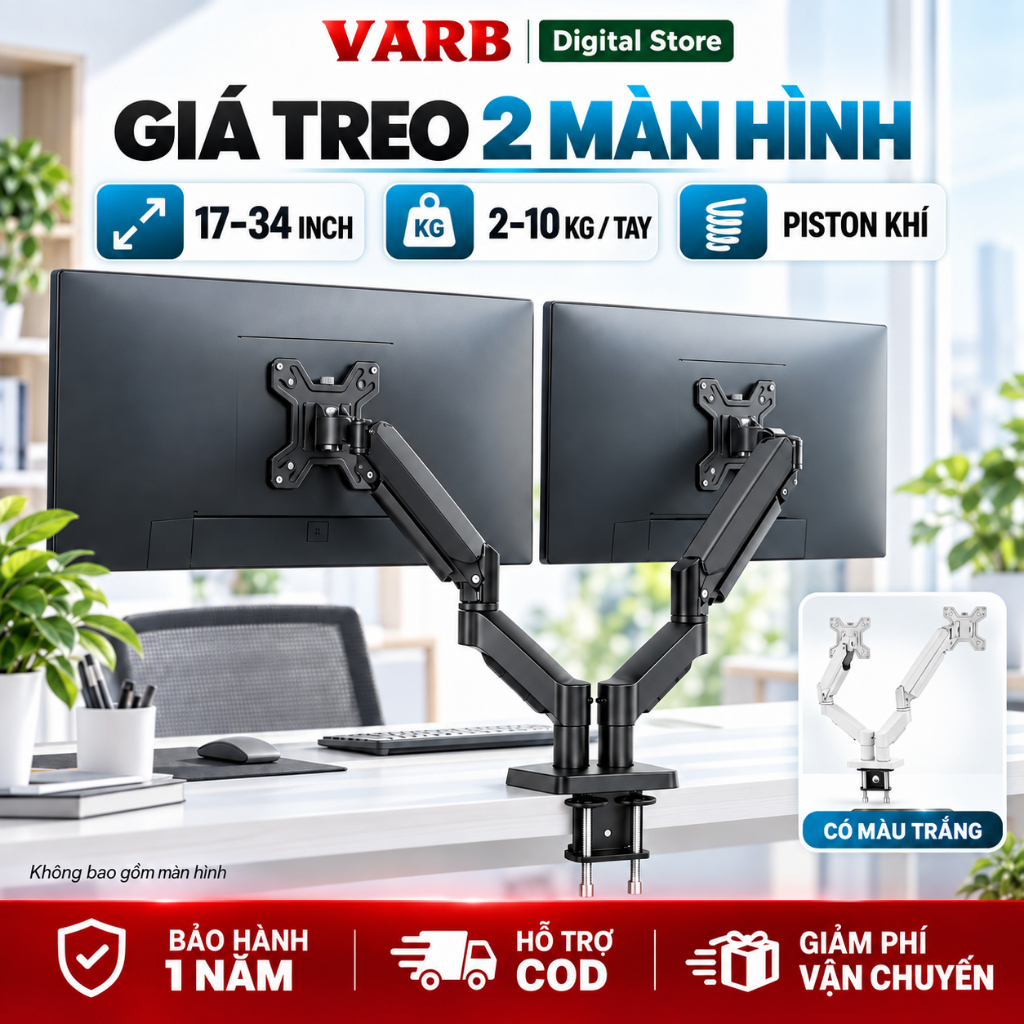 VARBGiá treo 2 màn hình 17–34 inch, tay đỡ piston khí 2–10kg, xoay 360°, kẹp bàn VESA 75/100mm cho bàn làm việc | BigBuy360 - bigbuy360.vn